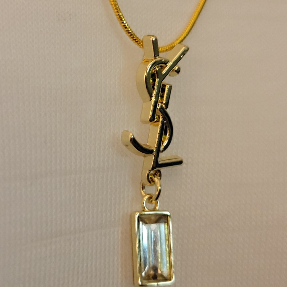 YSL Gold Crystal Drop Zipper Pull Pendant, 18" Gold Plated Chain